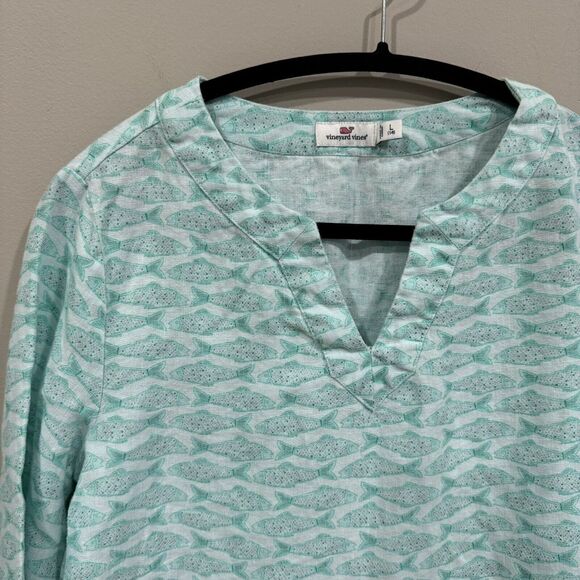 Vineyard Vines 100% Linen Girl's L Top Aqua Blue Fish Pattern 3/4 Sleeve - Picture 5 of 11